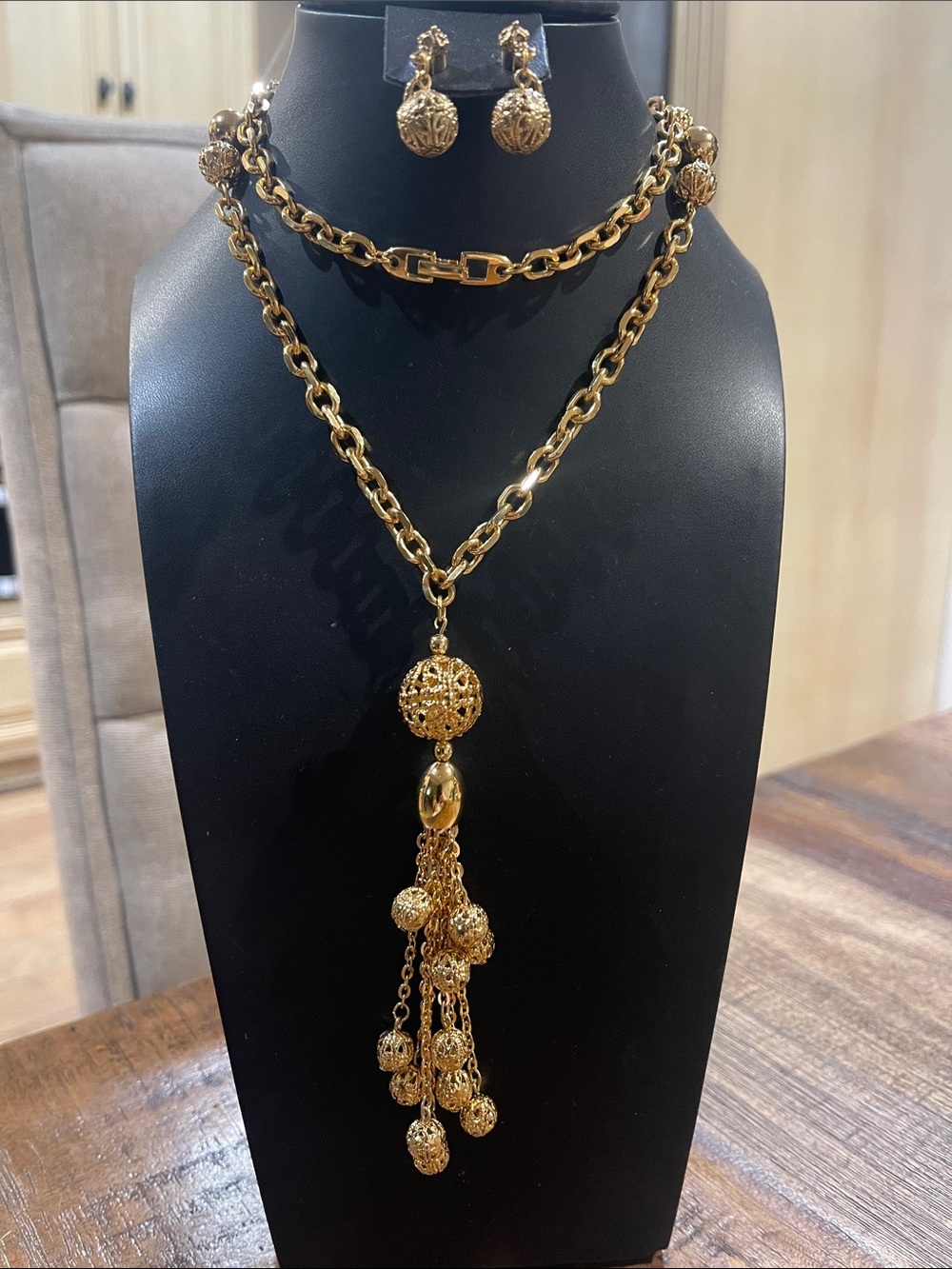 Napier Gold Filigree Tassel Pendant Necklace and Drop Earrings Set